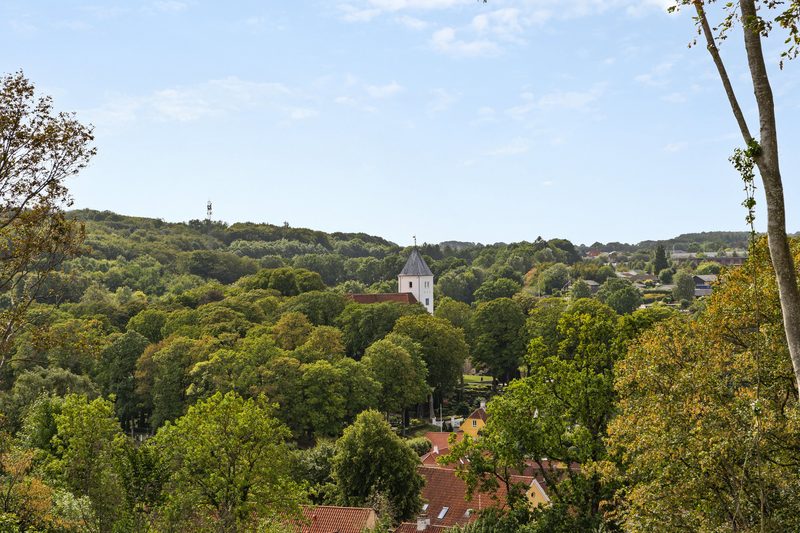Blick von der Terrasse über den Wald zur Kirche von Mariager